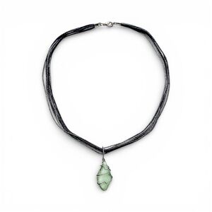Polished Sea Glass pendant choker on dark Green multiple strings  Necklace